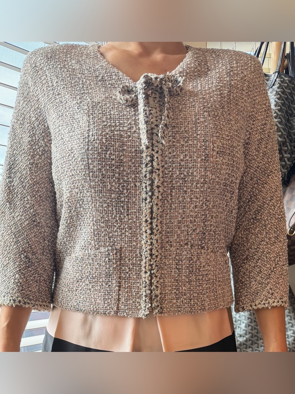 CHANEL Neutral Pink-Beige Bouclé Zip Jacket